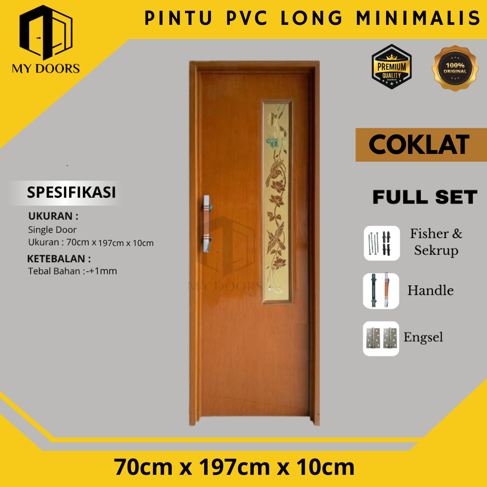 Pintu Kamar Mandi PVC Colat Jati Minimalis - Bahan Tebal Kaca Motif & Cermin Dalam + Handle Eklusive