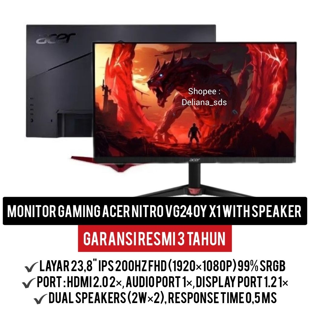 Monitor Gaming Acer Nitro VG240Y X1 24" IPS FHD 200Hz Speaker Garansi Resmi 3 Tahun Monitor Gaming A