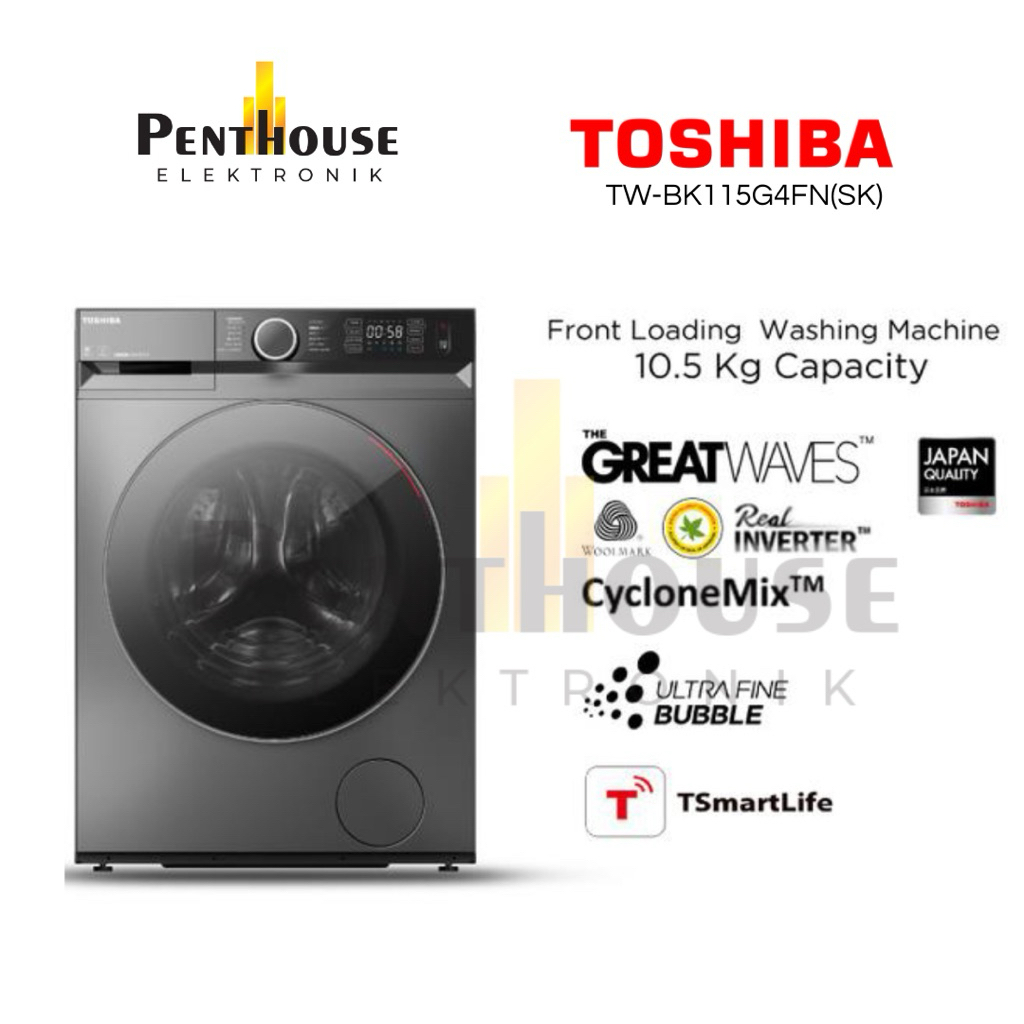 TOSHIBA Mesin Cuci Front Loading TW-BK115G4FN (SK) FRONT LOAD T15 WASHING MACHINE | 10.5 KG CAPACITY