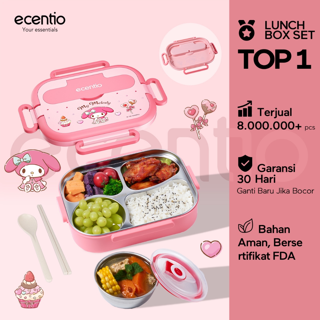 [Seri Resmi Sanrio]ecentio Kotak Bekal 4 Grid Stainless Steel 304 1000ml Bento Box Kapasitas Besar K