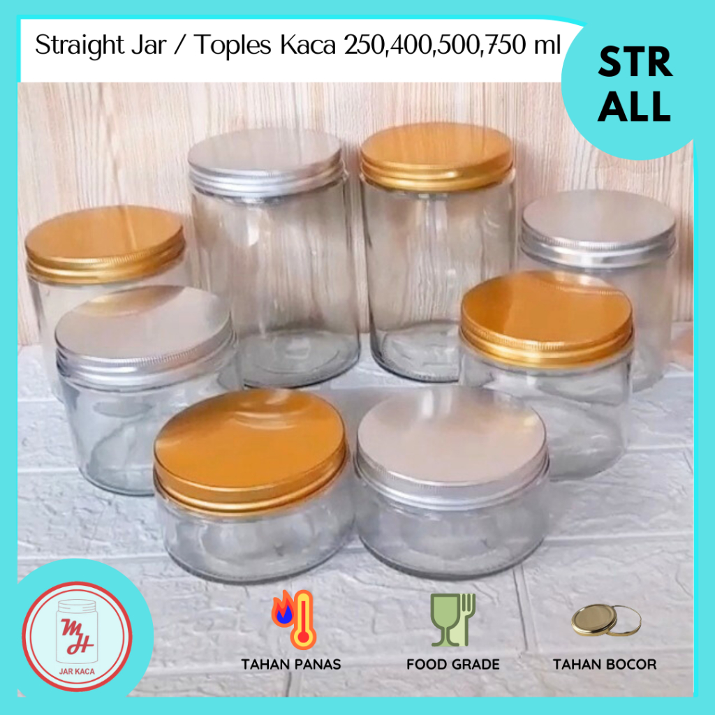 STR0001 | Straight Jar Toples Kaca Ukuran 250ml, 400ml, 500ml, 750ml - Tutup Ulir Aluminium