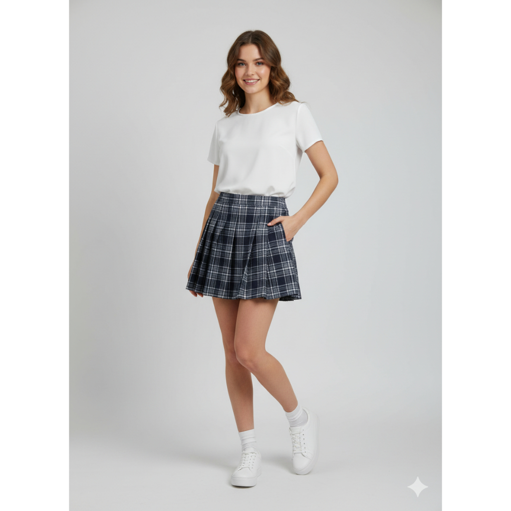 Rok Lipit Wanita Kotak Kotak Hijau Pleated Skirt Fashion Woman