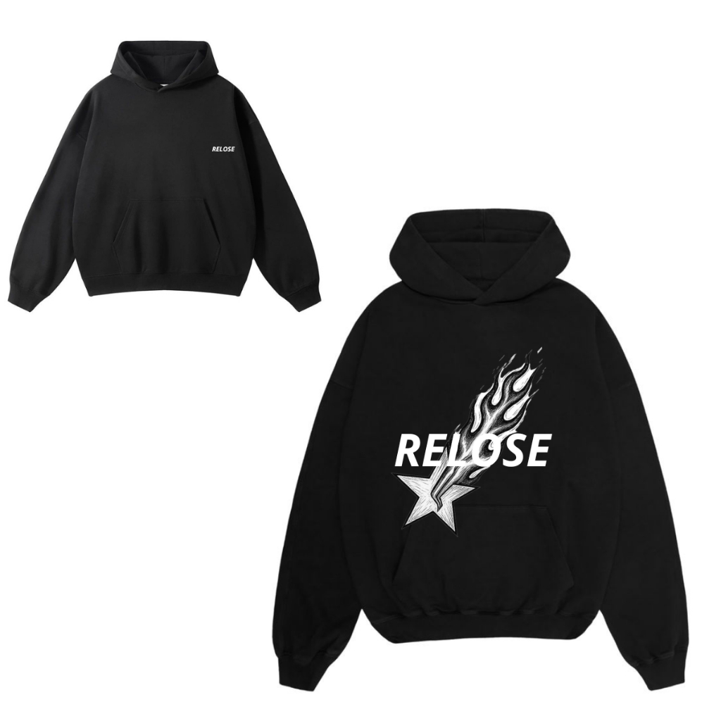 RELOSE TEXT BIG BALL Hoodie Boxy Black Full Zipper / Sweatshirt Oversize Basic Unisex Outfit High Qu