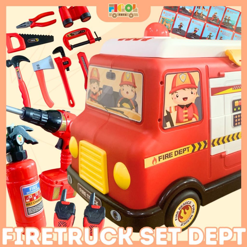 Figoltoys Mainan Mobil Pemadam Kebakaran Truck Set APAR Keluar Asap Lampu Suara