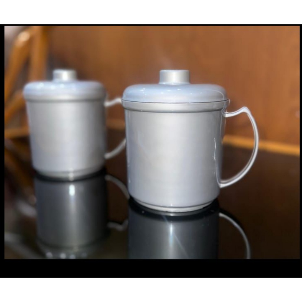 Mug Gagang Tutup Plastik Warna Silver Platinum Motif Emboss Bunga Matahari Awet Kuat Tebal Tahan Pan