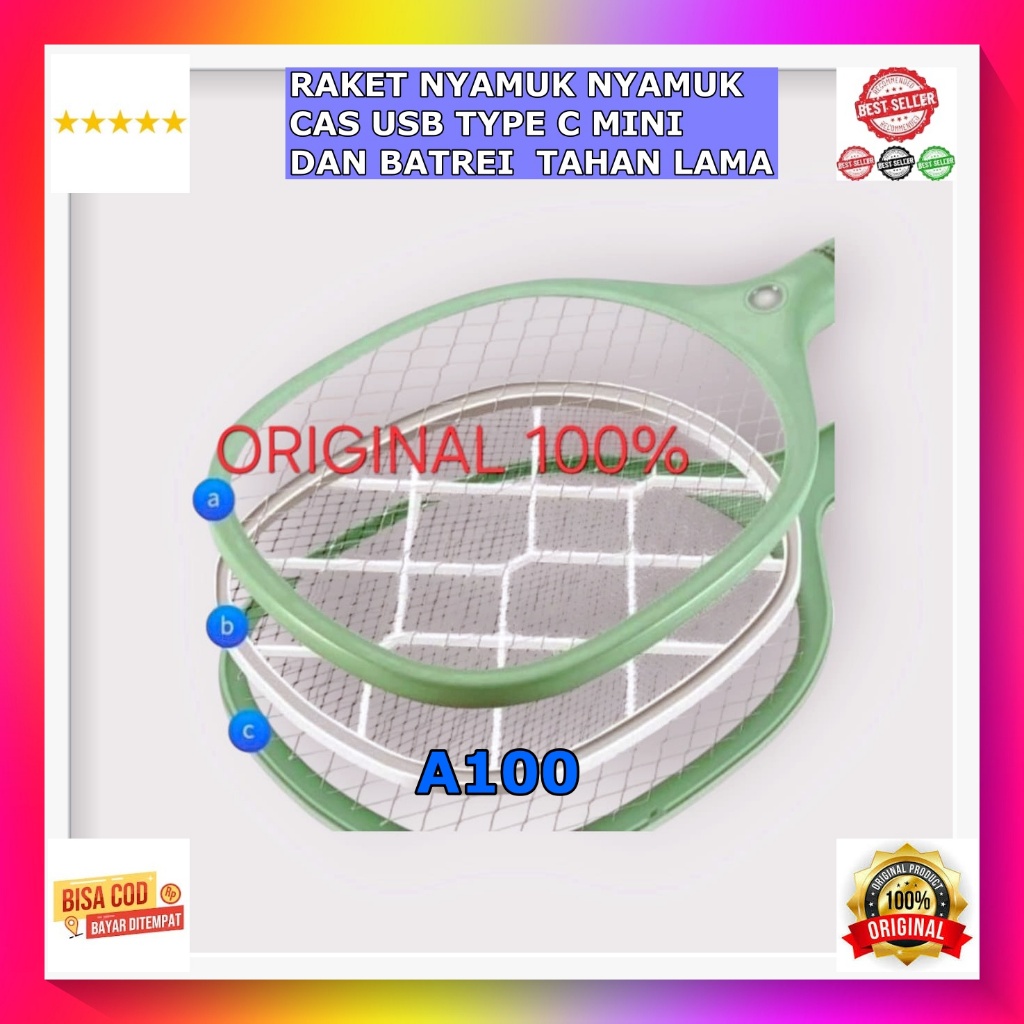 A100 Raket nyamuk elektrik USB TYPE TIPE C INPUT CAS CASAN LAMPU SENTER Aoki 100% ori membasmi basmi