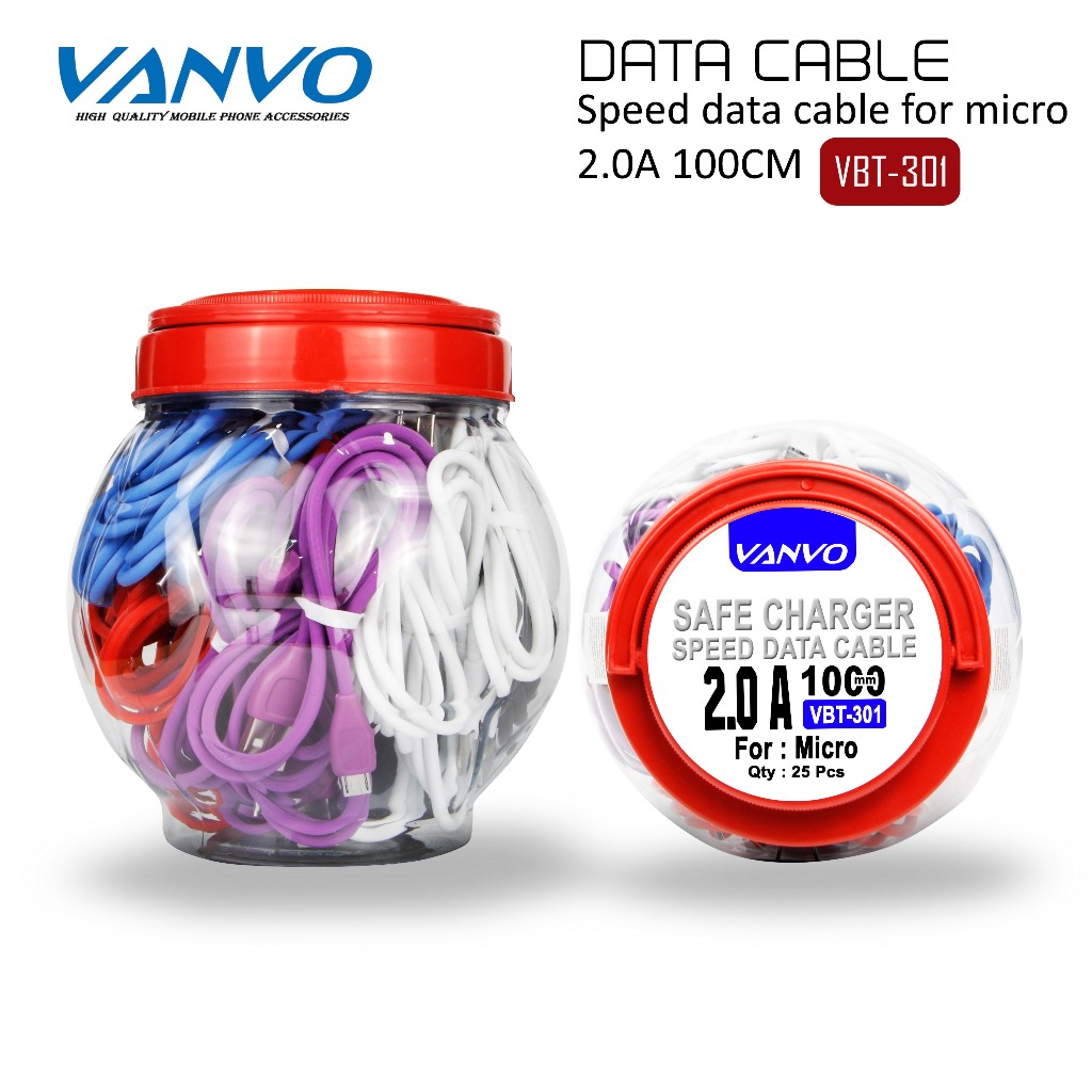 (1 TOPLES 25 PCS) Kabel Data Toples 25pcs Vanvo VBT-301 VBT301 100cm for Micro Fast Charging 2A
