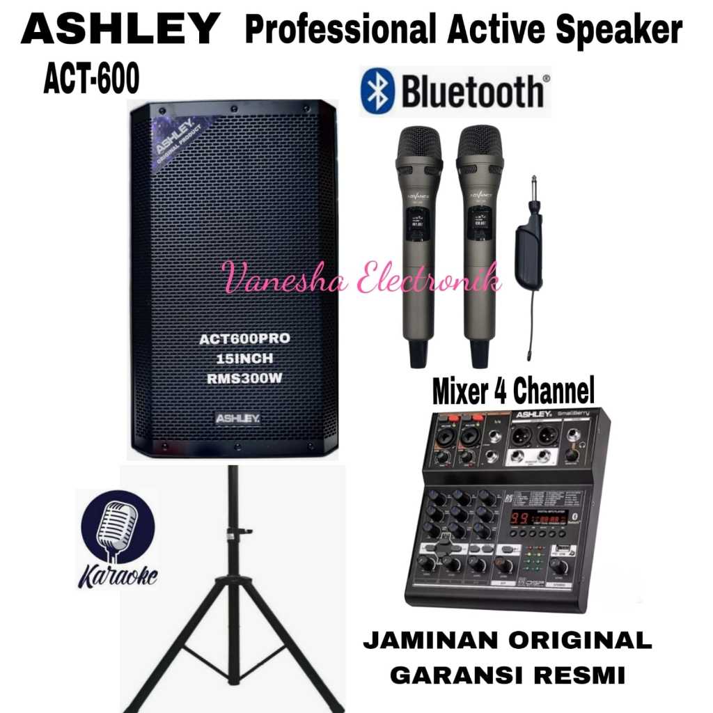 Paket karaoke speaker aktif 15 inch ASHLEY ACT600PRO+mixer ashley+1 set mic wireless original