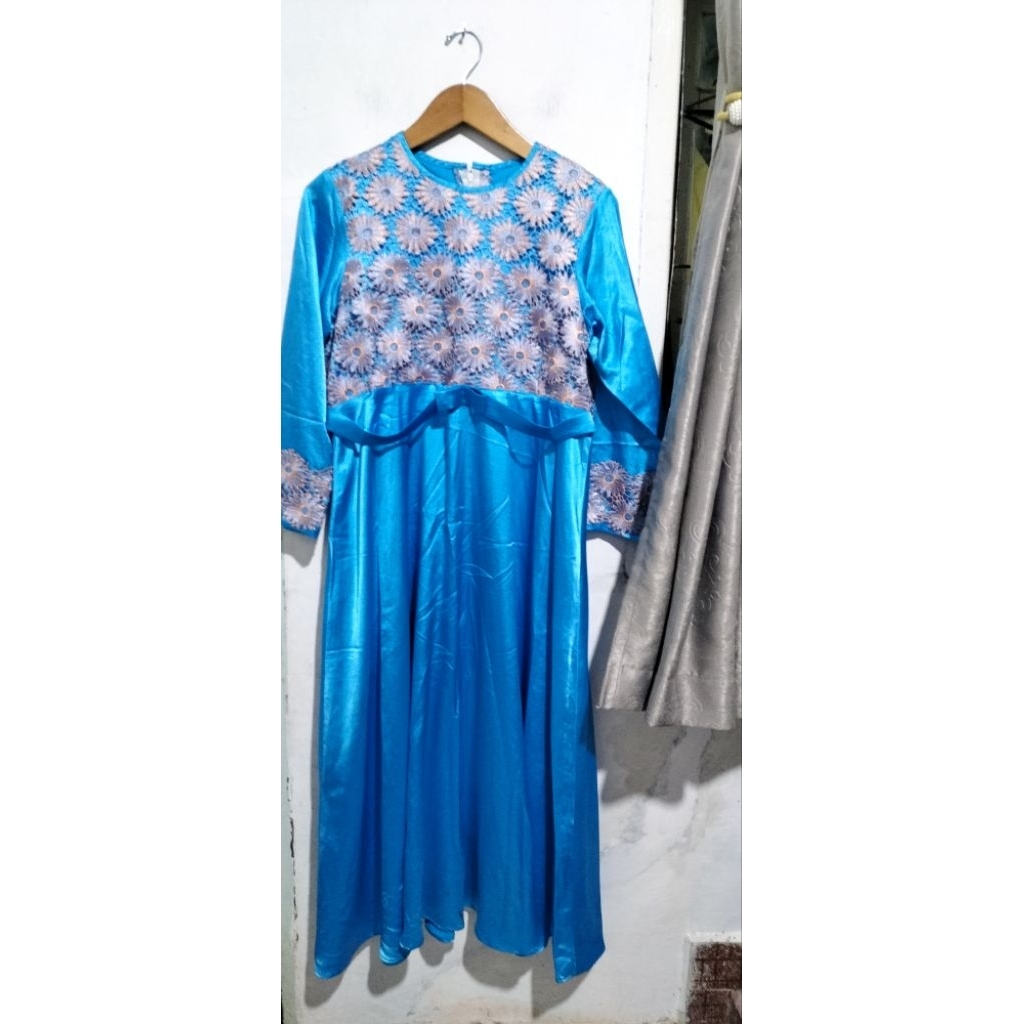 Gamis Long Dress Satin Wanita Kombinasi Brukat Cantik Size Besar