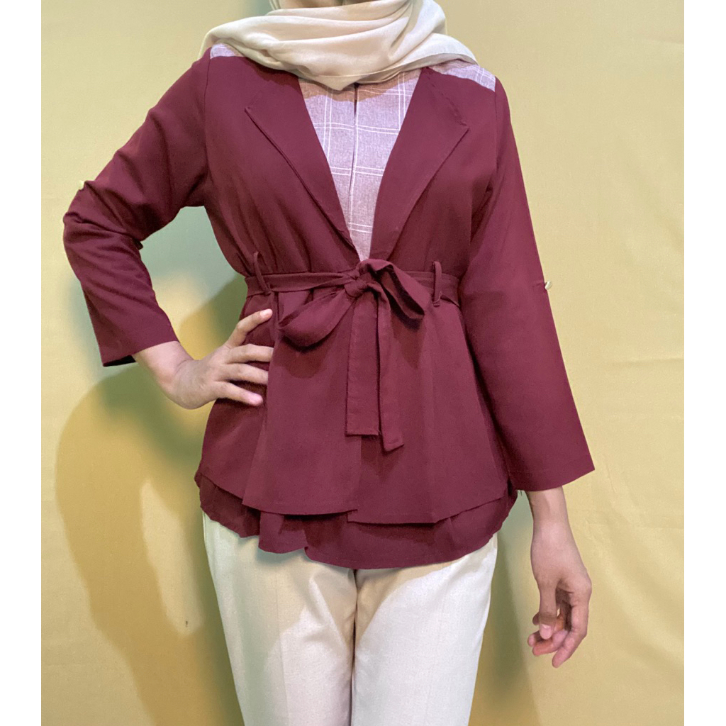 ONALYS - Atasan Wanita Blouse Outer Lengan Panjang Ikat Pinggang Elegan