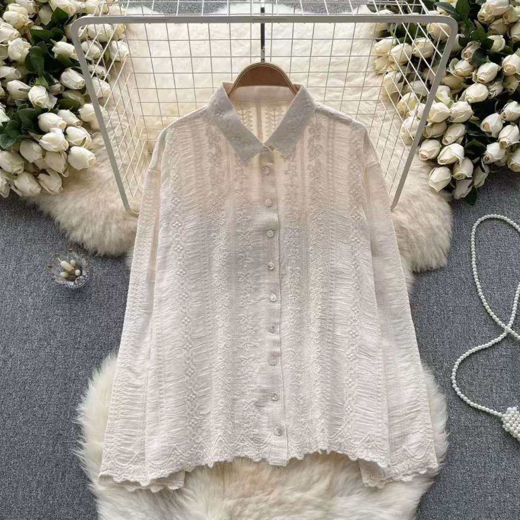 Blouse Putih Lengan Panjang Wanita Vintage Brokat Bordir Elegan Atasan Korea