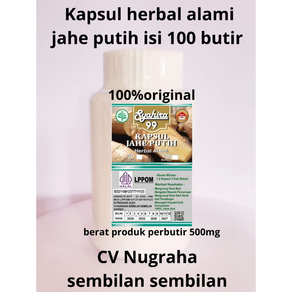 

KAPSUL HERBAL ALAMI JAHE PUTIH ISI 100 BUTIR MEREDAKAN NYERI OTOT HAID DLL KEMASAN BOTOL PUTIH
