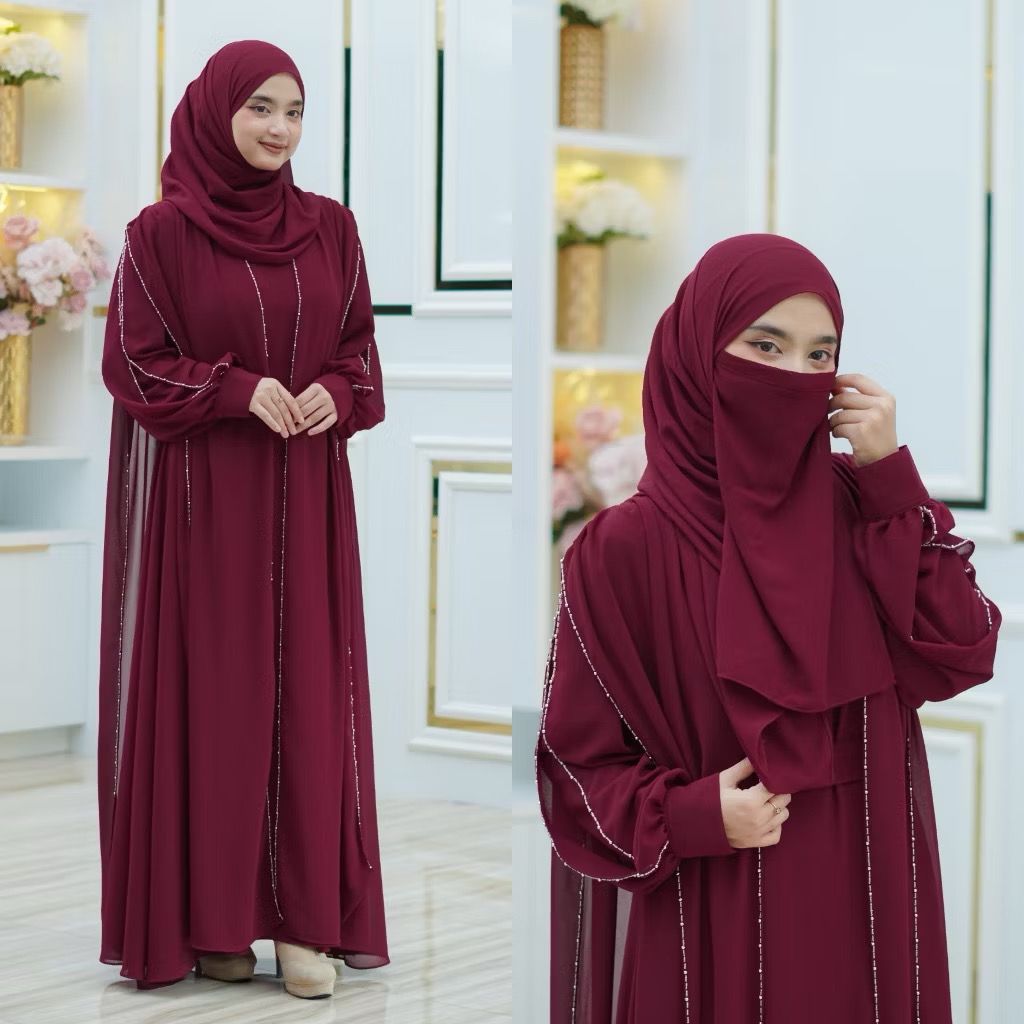 Mecca Abaya Ceruty Babydoll Set Hijab Pashmina Dan Cadar Full Payet Mewah Elegan Gamis Wanita Dewasa