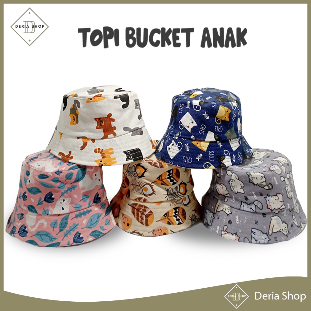 Topi Bucket Anak Motif Warna Warni Bahan Kanvas Pakai Tali Perempuan Laki Laki Buket Karakter Gambar