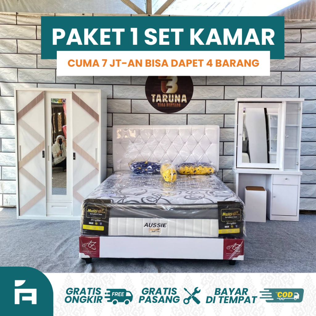 Paket 1 set kamar furniture springbed aussie plustop UK 160 Divan Box kancing Lemari pakaian besi sl