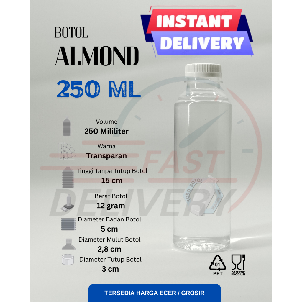 (INSTAN 1 PACK ISI 100PCS)Botol Almond 250ML (12GRAM) / Botol Plastik Almond 250ML / Botol Minuman J