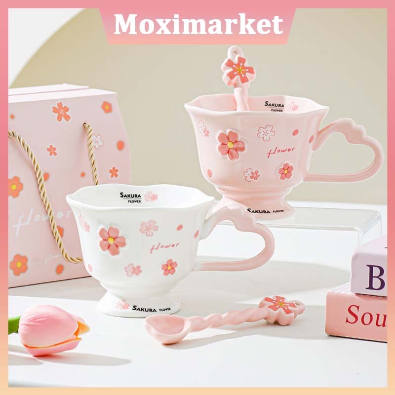 Cangkir Home Cafe/Cangkir Unik Cantik/SAKURA CUP & SPOON (1 SET) /Premium Cup & Spoon/Aesthetic Tea 