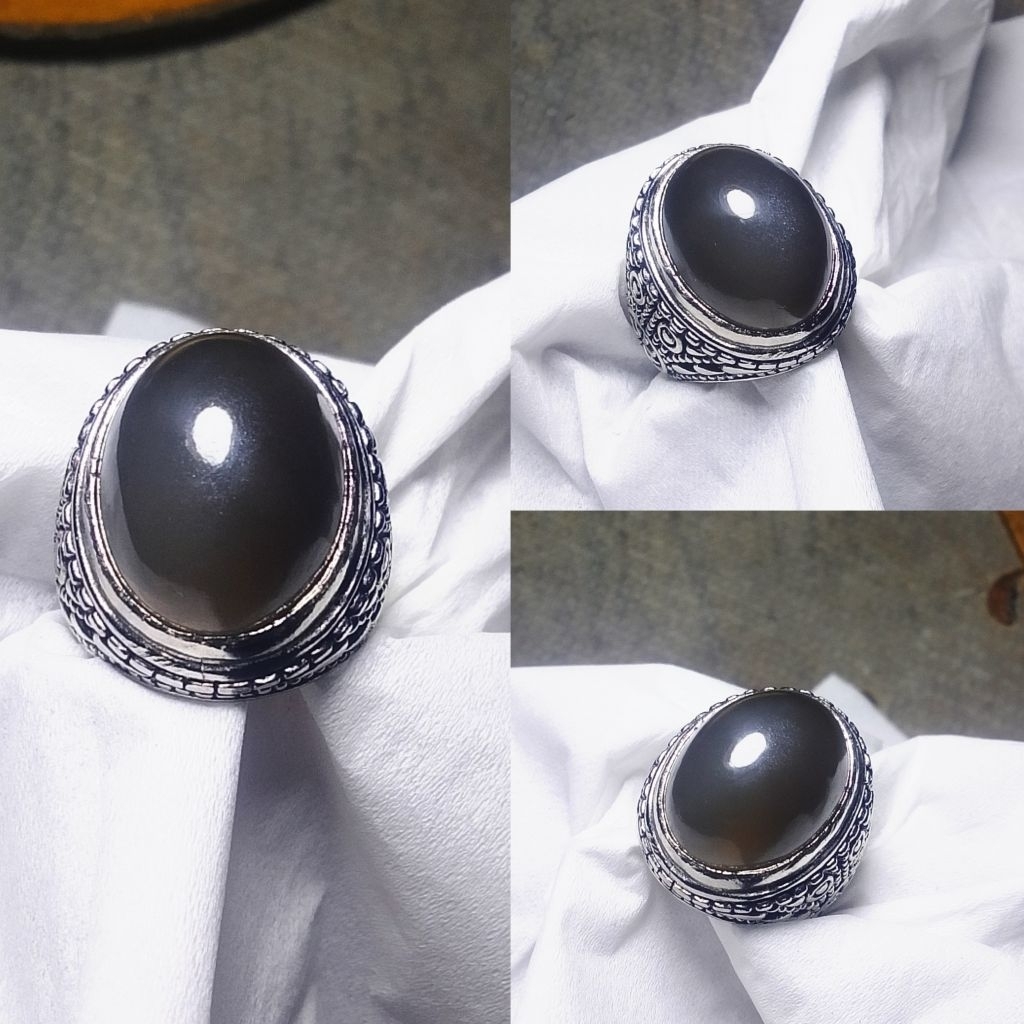 Batu cincin natural moonstone duri bulan hitam big size Vv43