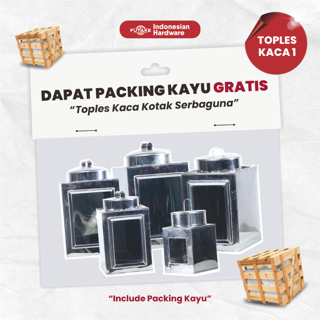 FUTAKE - Toples Kerupuk Stainless Segiempat Kaca 1Toples Kaleng Jadul