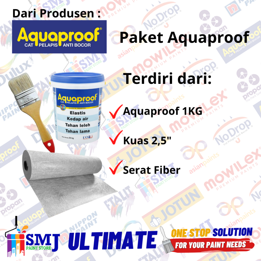 (Promo) Paket Pelapis Anti Bocor Aquaproof 1kg, Kuas 2,5", Serat Fiber