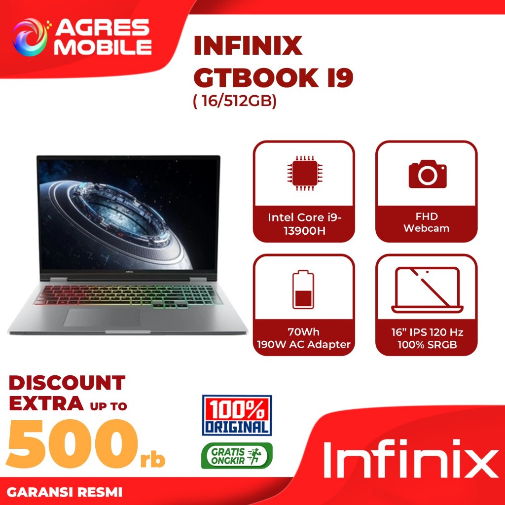 Infinix GTBOOK I9 13900H RTX4060 8GB RAM 16GB SSD 512GB Win11 16.0FHD 120HZ 100SRGB - Garansi Resmi