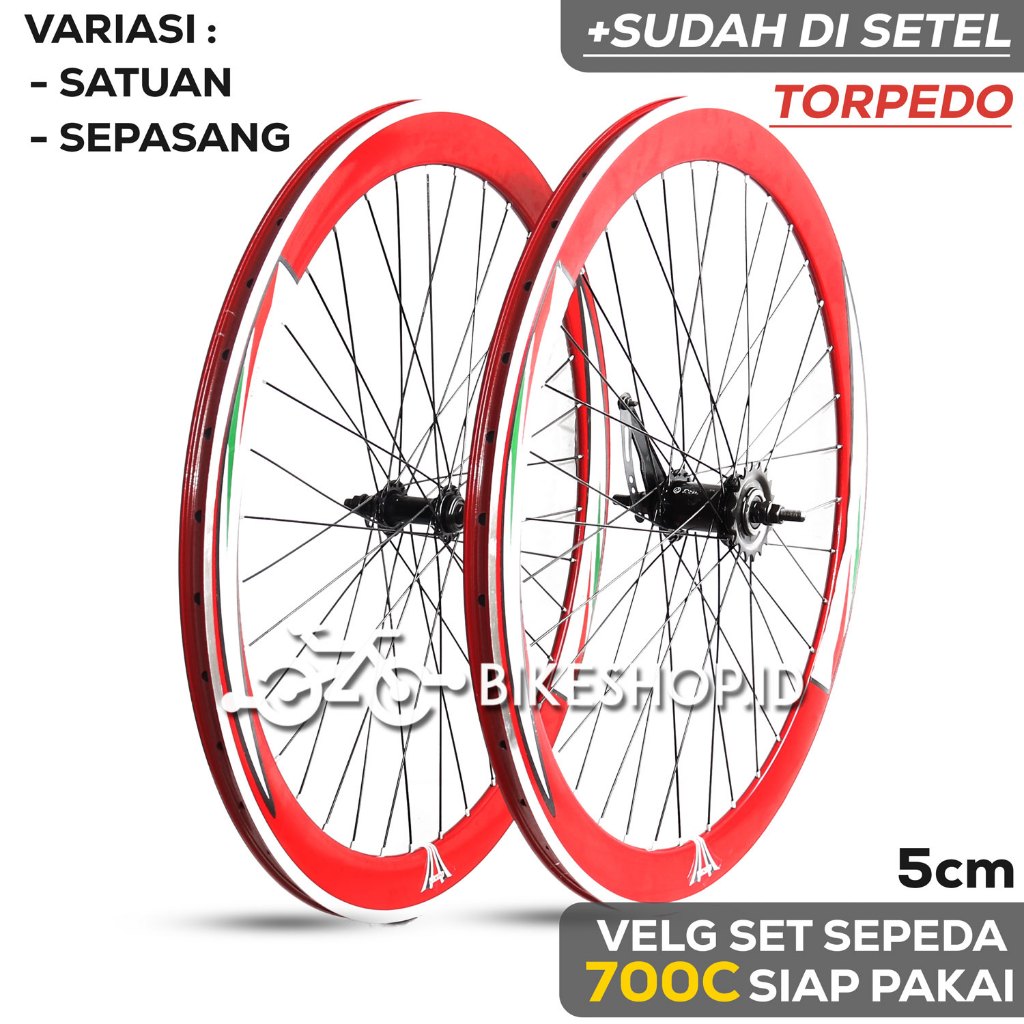 Velg Set Sepeda 700C 5CM MERAH BELAKANG TORPEDO / DEPAN Alloy Rims Roda Siap Jadi Fixie Balap Road B