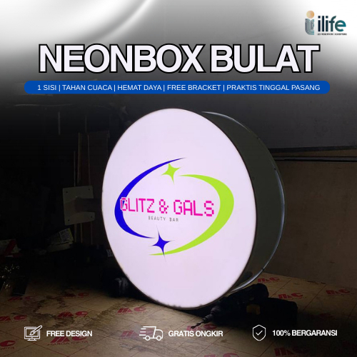 Neon Box Bulat Custom LED 1 Sisi Akrilik Siap Pasang