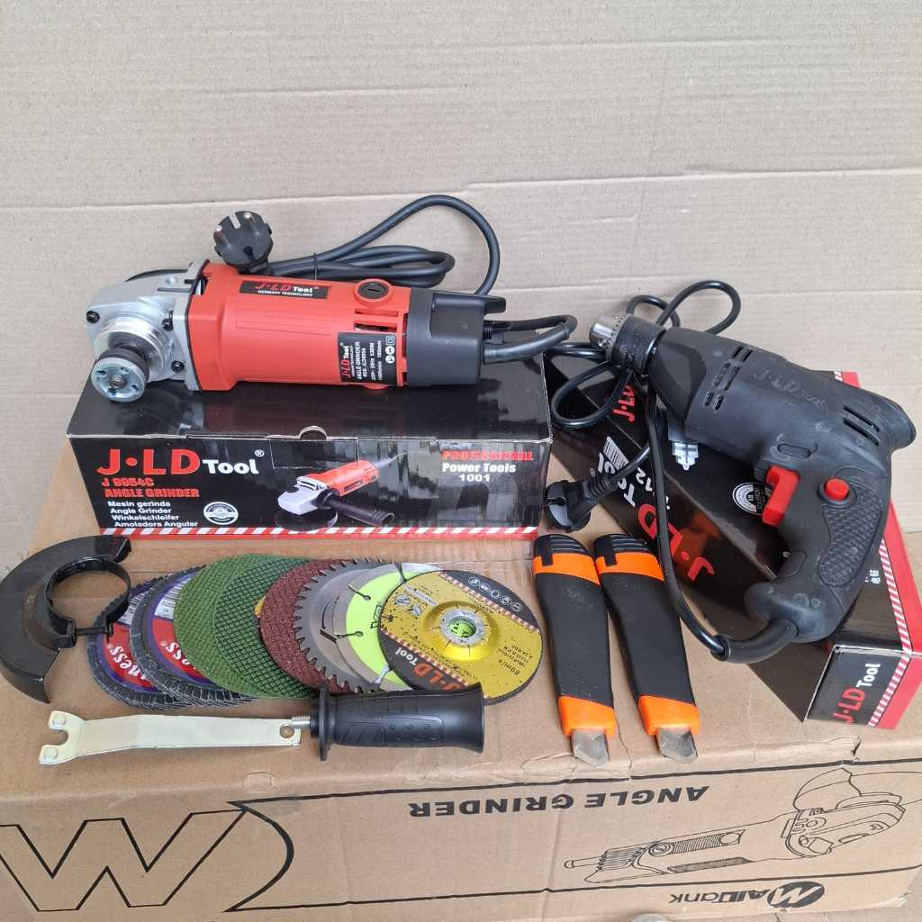 JLD Bor Dan Gerinda Paket Lengkap Mesin Bor Listrik Bor Tangan 10mm Mesin Gerinda Tangan 4Inch Gerin