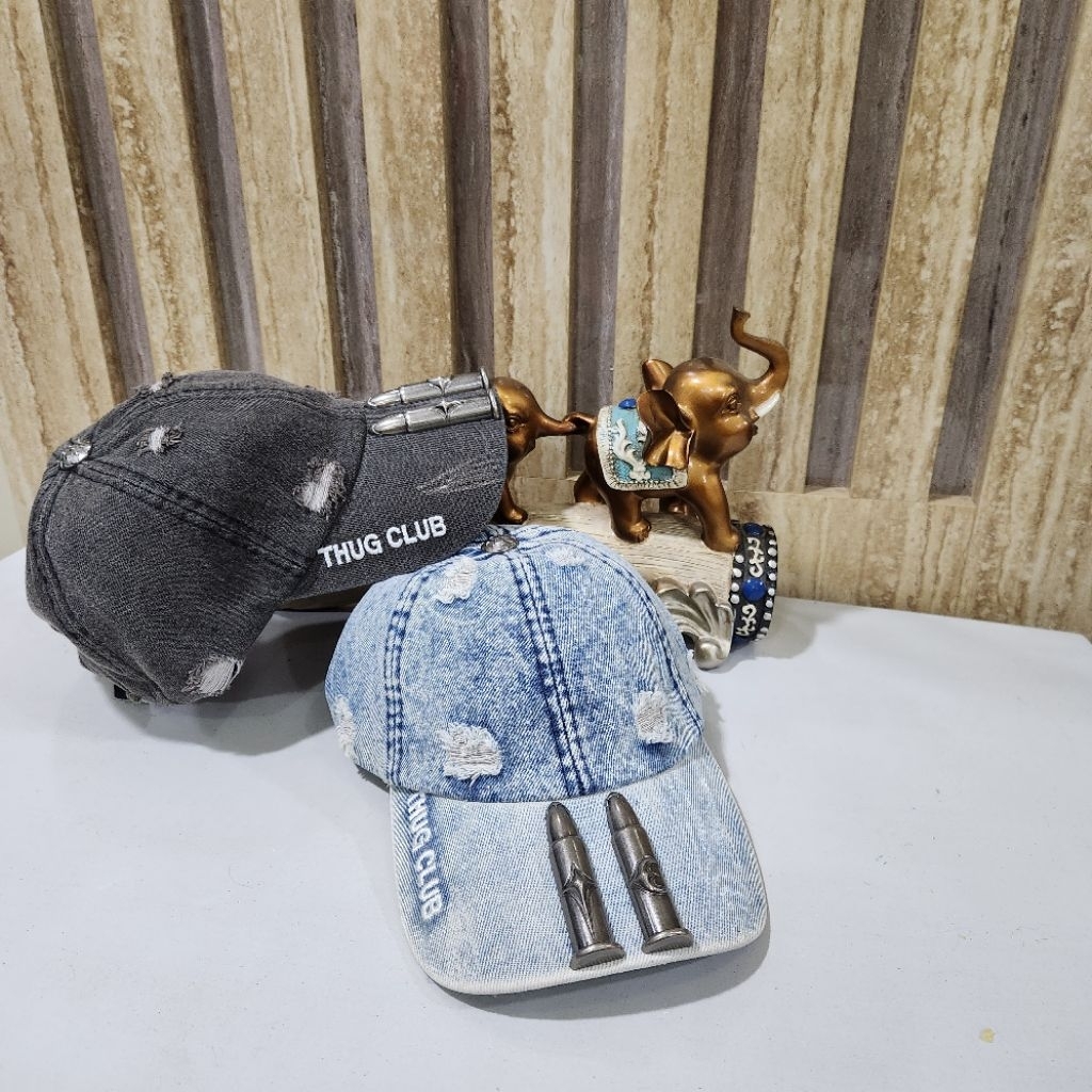 topi sobek bisbol aksen peluru denim hat baseball Thug Club