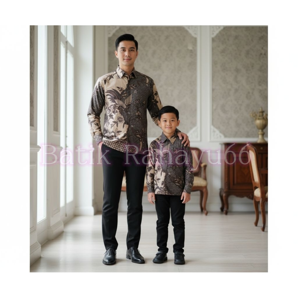 Batik couple ayah anak laki2 kemeja batik cream