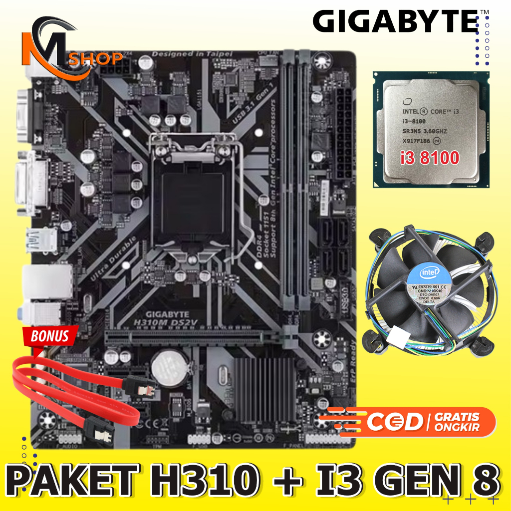 Paket Mobo Mainboard Motherboard H310 LGA 1151 DDR4 + Processor Intel Core i3 8100 Gen 8 + Fan