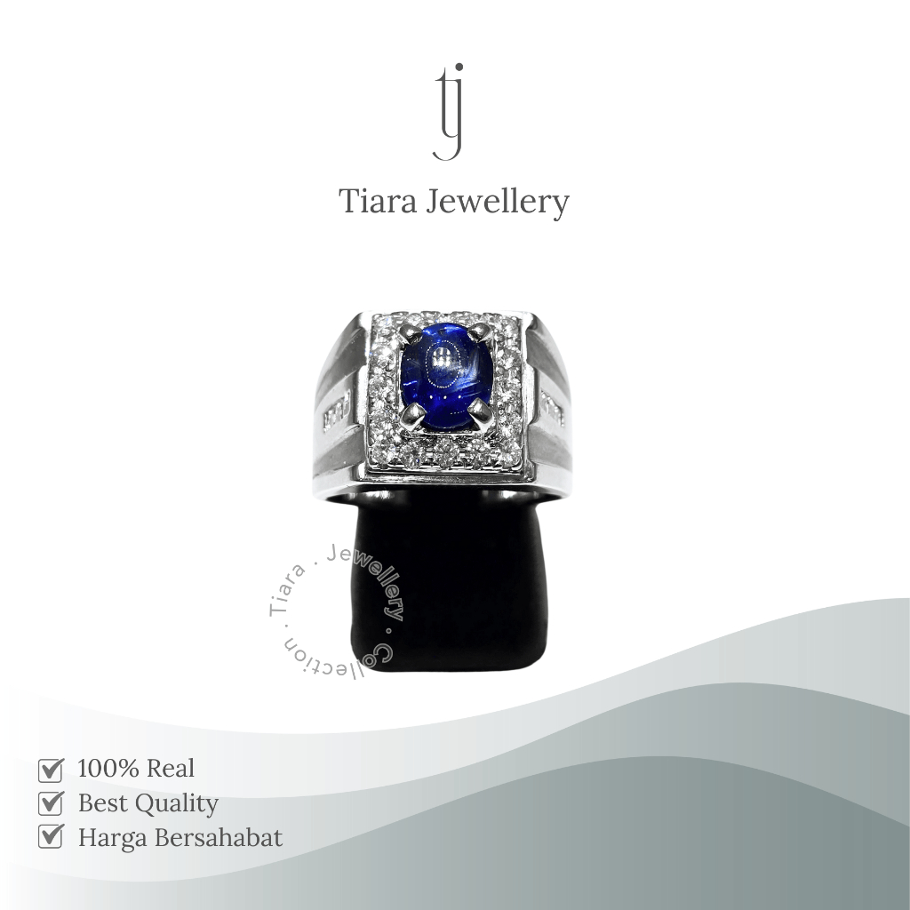 Tiara Jewellery - Sapphire Stone Ring Natural Unheated 18K White Gold Men Fashion [MS7] / Cincin Saf