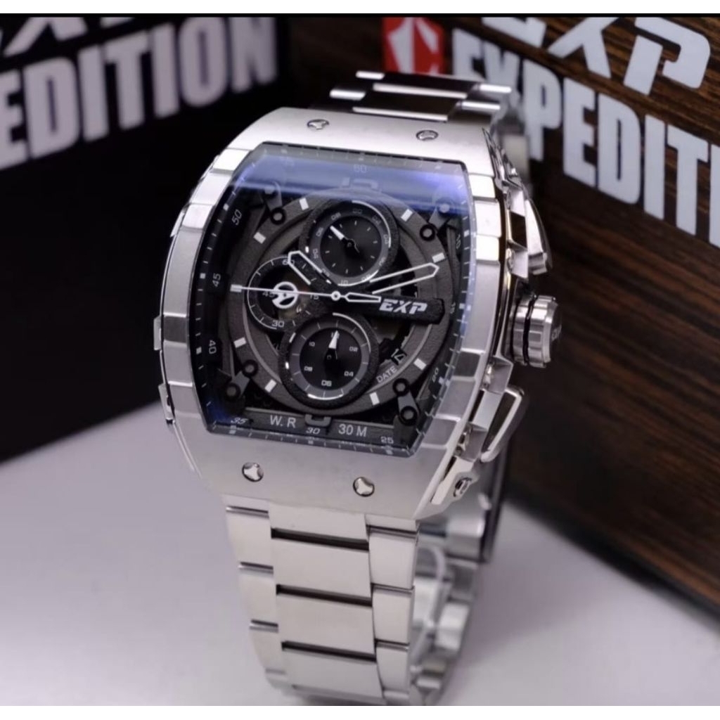 Jam Tangan Pria Expedition E 6782 Silver Black Stainless Stell Original Full Sett