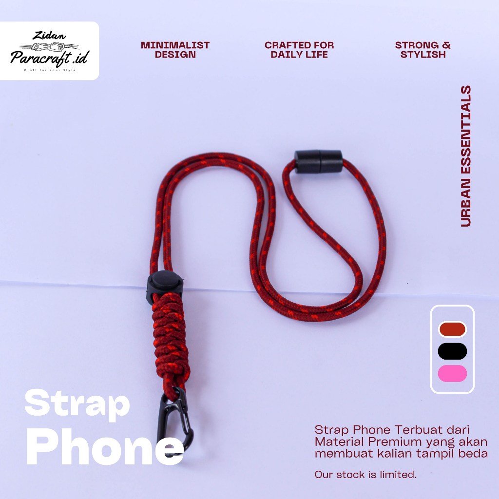 ZIDAN PARACRAFT | Strap Handphone Paracord Adjustable Warna Maroon | Tali HP Kuat Stylish, ID Card, 