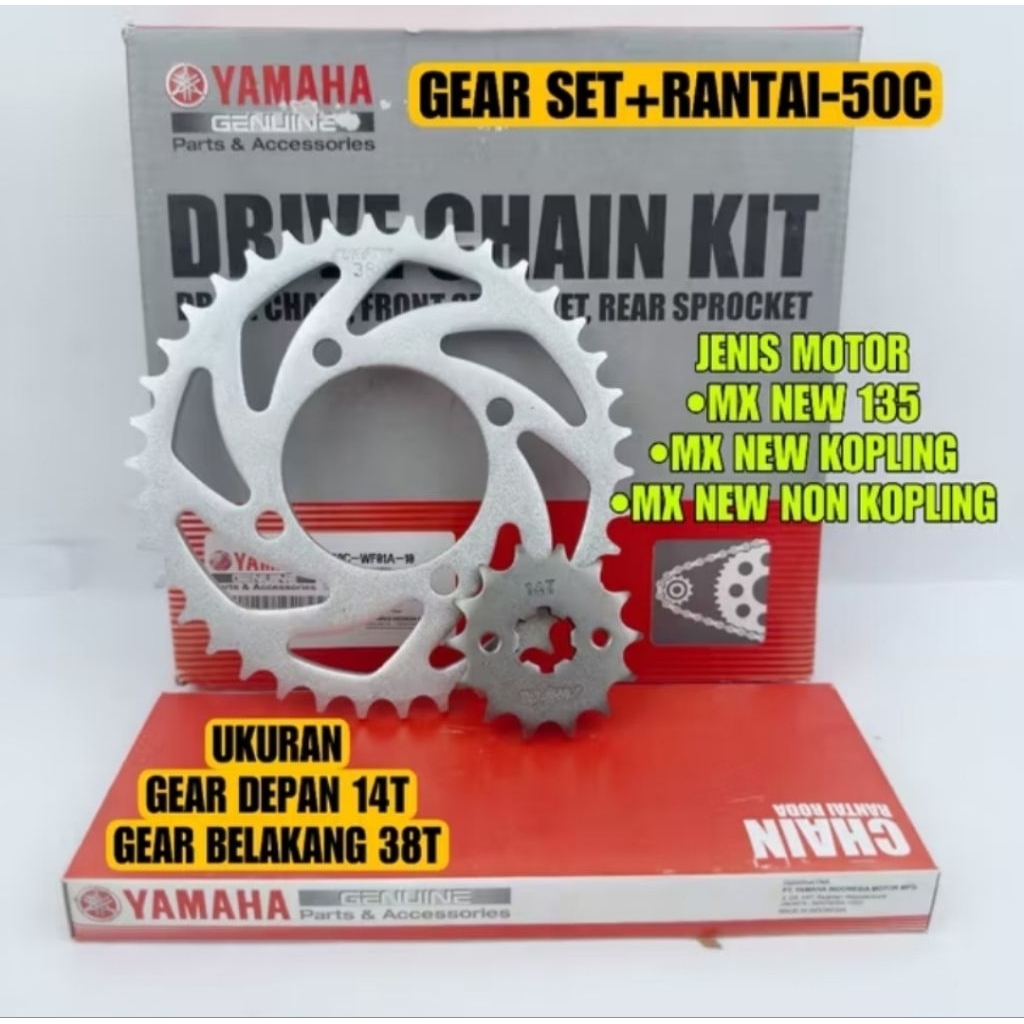 GEAR SET+RANTAI 5OC  ORIGINAL YAMAHA UNTUK MOTOR JUPITER MX NEW 135,MX NEW KOPLING,MX NON KOPLING