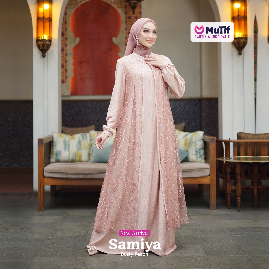 MUTIF Samiya Dusty Peach Gamis Wanita Dewasa Set Outer Brukat Dress Panjang Busui Wudhu Friendly