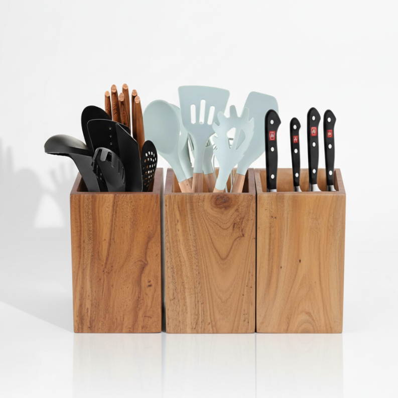 Tempat Sendok & Sumpit Serbaguna Kayu Jati Belanda (Paket 3 Kubus)