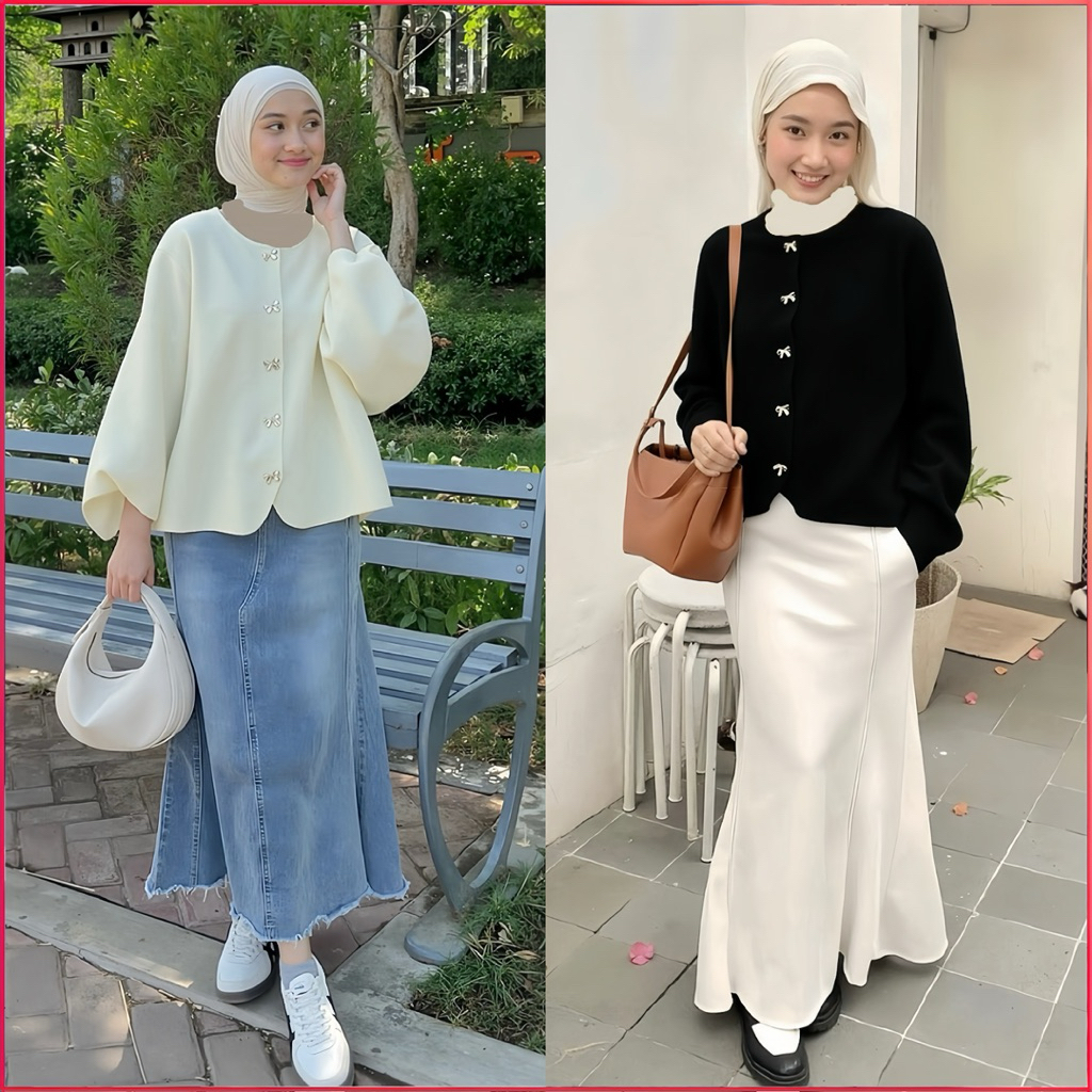 Pariroo Cardigan Rajut Premium Wanita Elegan Warna Putih Kancing Pita Korea Style | Outer Cardigan K