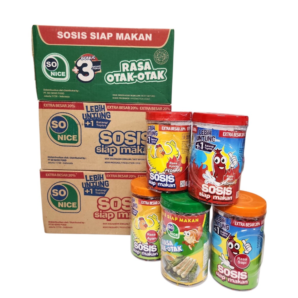 

Sosis So Nice - Sosis siap makan KARTON - ISI 6 Toples (Netto 24 pcs x 18gr)