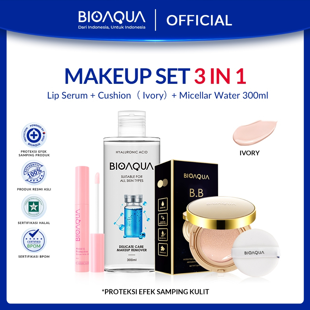 BIOAQUA Makeup Set 3 IN 1 / 2 IN 1 With BB Cushion / Lip Serum Bibir / Makeup Remover Micellar Water