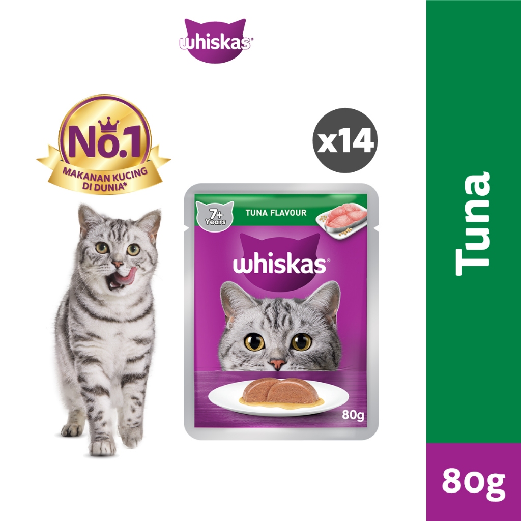 Whiskas Senior Makanan Kucing Basah Pouch Rasa Tuna 80gr 14 Pack