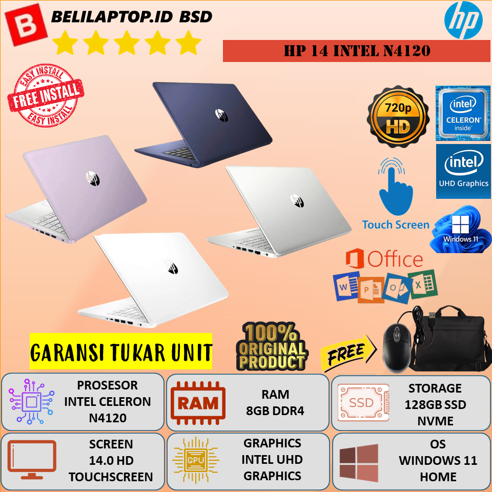 Laptop Baru Murah HP 14 Intel N4120 RAM 8GB 128GB 14" Touchscreen Windows 11 Original