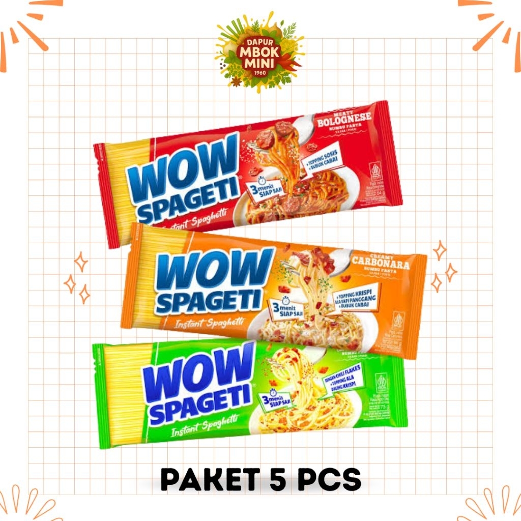 

RENCENG Wow Spageti 5 Pcs - Wow Spanghetti Sachet Instant 3 Menit Meaty Bolognese, Creamy Carbonara, Aglio Olio 75g - 80g