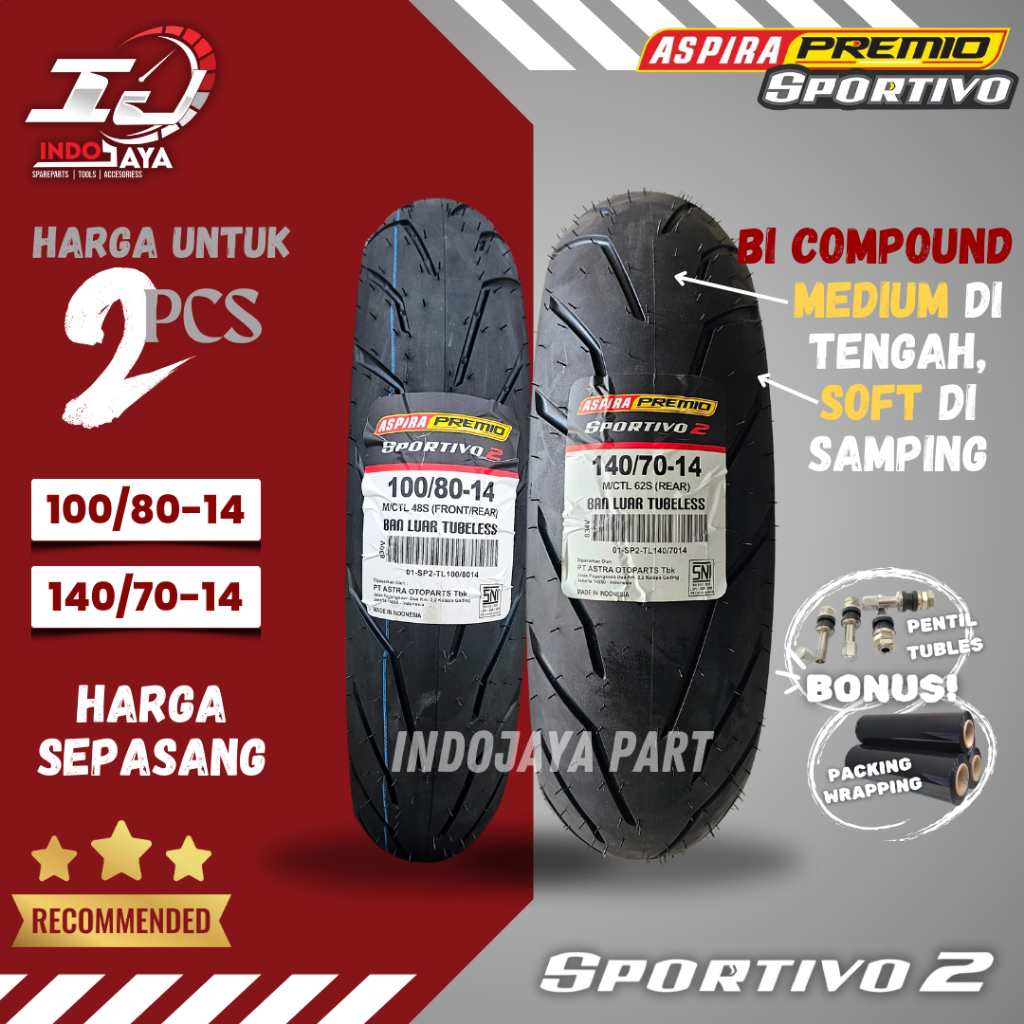 [HARGA MURAH SEPASANG] BAN LUAR ASPIRA PREMIO SPORTIVO 2 (100/80-14 & 140/70-14) BAN LUAR TUBELESS P