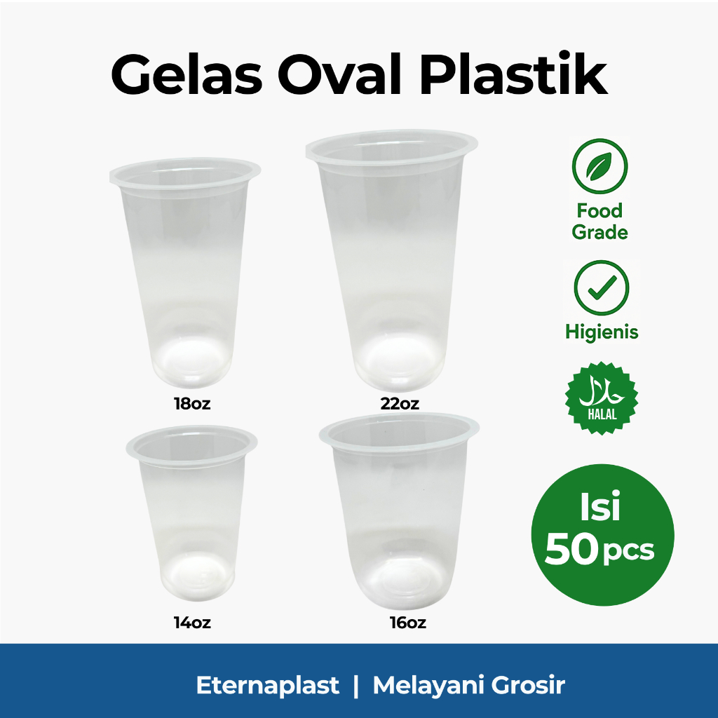 (50PCS) Gelas Plastik Oval Bening | 14/16/18/22 oz | Gelas U | Cup Oval PP | Gelas Kopi Takeaway