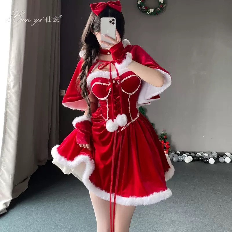 Christmas Baby Cape Cutie Dress Sexy Lingrie Cosplay Costume Hot Erotic Crotchless Full Set Hallowee