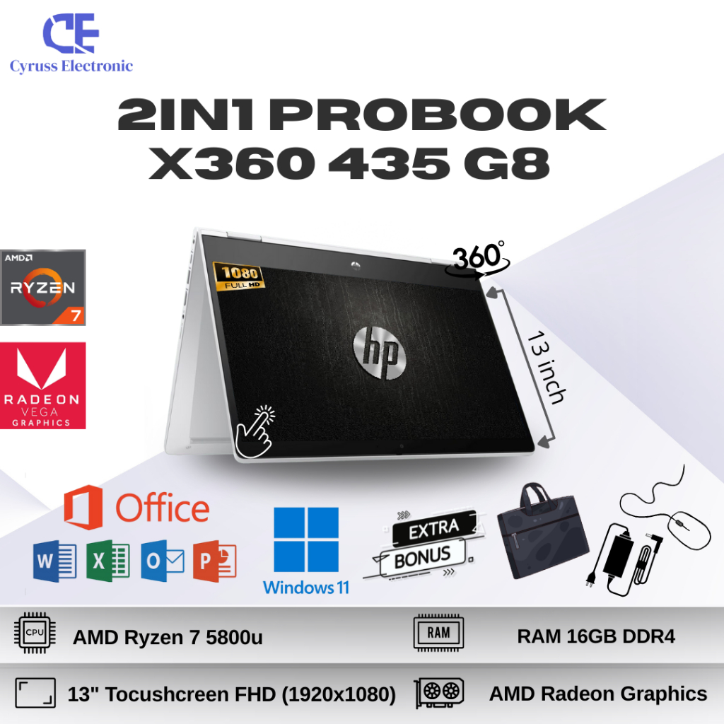 Laptop 2in1 HP Probook X360 435 AMD Ryzen 7 RAM 16GB Touchscreen 14inch OS Windows 11 Second-Bergara