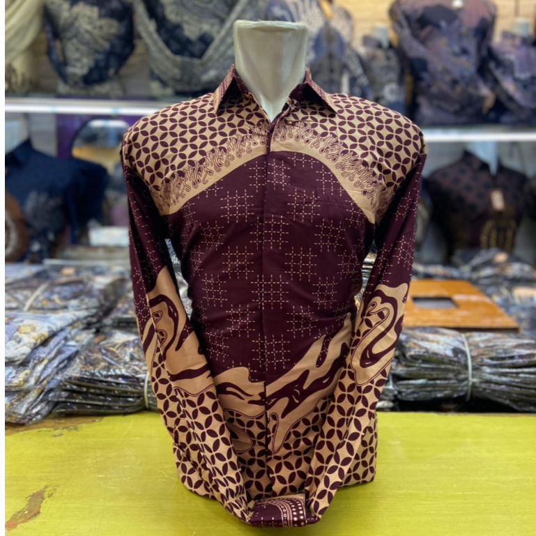 GRACEFUL MAROON TUA Baju Batik Katun Pria Lengan Panjang Pakai Furing Motif Kawung Eksklusif Premium