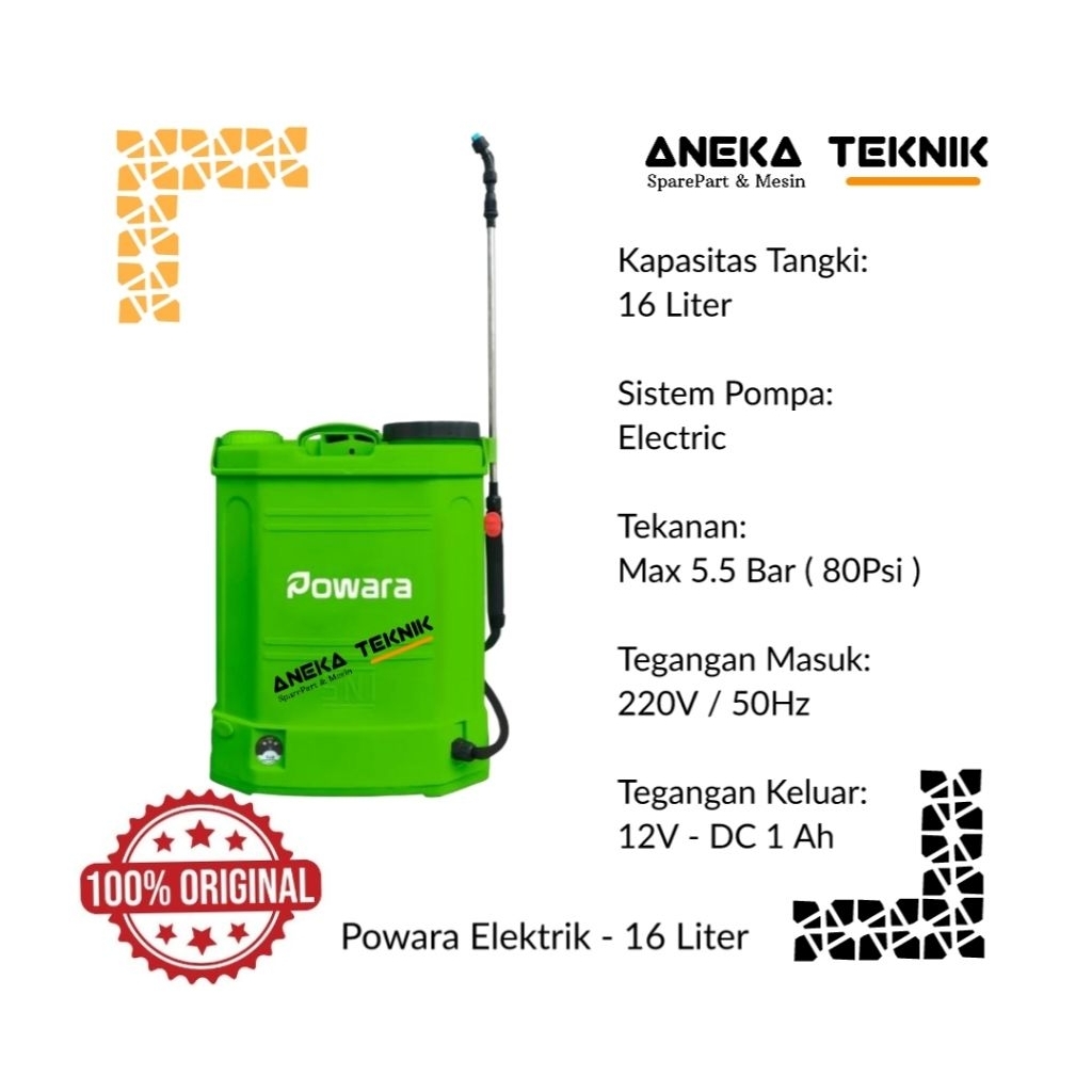 Aneka Teknik - Sprayer / Alat Semprot Hama Powara 1 Fungsi / Electric Kapasitas Tangki 16 Liter Asli