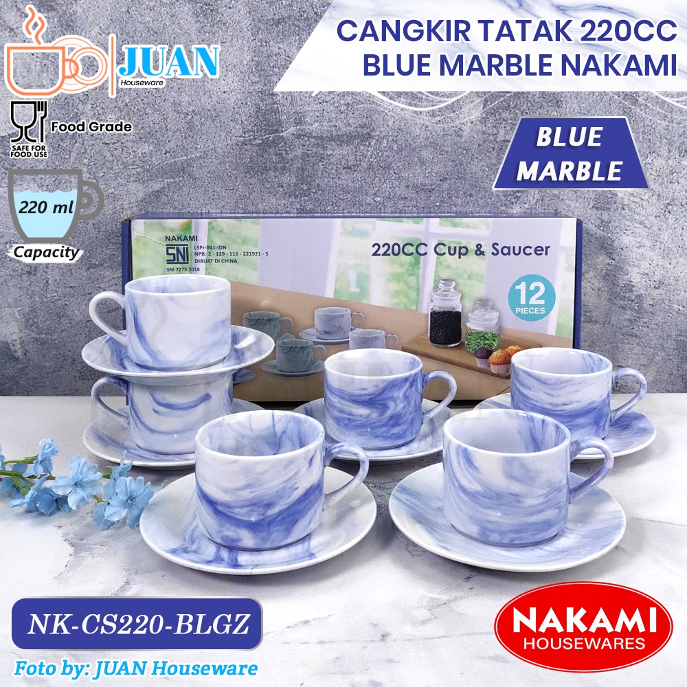 NAKAMI Cangkir set 6 Pasang Motif Blue Marble 220ml / Cangkir Teh Cantik Estetik / Cup And Saucer